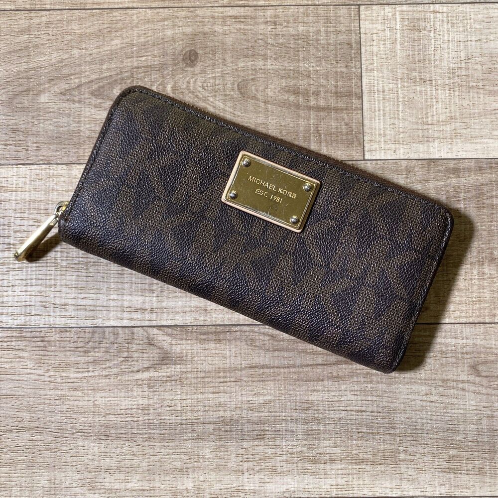 Michael Kors Zip Around Wallet- Brown With Gold Accents